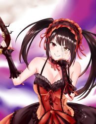 Rule 34 | 1girl, black hair, blush, breasts, choker, cleavage, clock eyes, commentary request, crimecrime, date a live, dress, gothic lolita, grin, gun, hairband, hand on own face, heterochromia, highres, holding, holding gun, holding weapon, large breasts, lolita fashion, lolita hairband, long hair, looking at viewer, red eyes, smile, solo, symbol-shaped pupils, tokisaki kurumi, twintails, weapon, yellow eyes