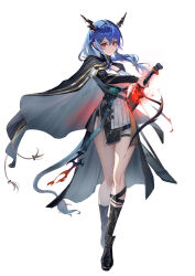 Rule 34 | 1girl, absurdres, alternate costume, arknights, bilibilida, black cape, black dress, black footwear, black socks, blue hair, cape, ch&#039;en (arknights), commentary request, dragon horns, dragon tail, dress, full body, highres, holding, holding sword, holding weapon, horns, long hair, long sleeves, looking at viewer, parted lips, red eyes, rhodes island logo (arknights), sheath, shin strap, side slit, simple background, socks, solo, sword, tail, thigh strap, two-tone dress, unsheathing, weapon, white background, white dress
