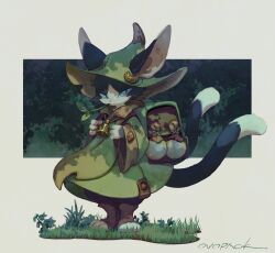 Rule 34 | 1girl, artist name, backpack, bag, bell, blue eyes, cat, coat, green coat, green headwear, hat, highres, long sleeves, looking to the side, mouth hold, multiple tails, murayama ryota, neck bell, nekomata, on grass, original, outdoors, slit pupils, stalk in mouth, tail, two tails, whiskers, wide sleeves, witch hat