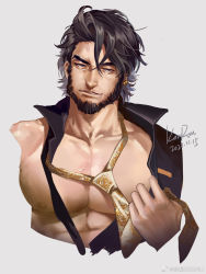 Rule 34 | 1boy, abs, alchemy stars, anjingkuxiao, bara, bare pectorals, beard, black hair, cropped torso, dated, facial hair, highres, holding, holding clothes, large pectorals, loose necktie, male focus, mature male, messy hair, muscular, muscular male, necktie, nipples, open clothes, open shirt, pectorals, print necktie, rhein (alchemy stars), short hair, signature, smirk, solo, upper body, weibo logo, weibo watermark, yellow necktie