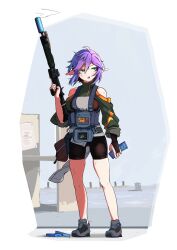 Rule 34 | 1girl, ammunition pouch, averting eyes, bare shoulders, bike shorts, black shorts, bridal gauntlets, commentary, english commentary, full body, green eyes, grey footwear, gun, hair between eyes, hand up, highres, holding, holding gun, holding weapon, long sleeves, looking to the side, magazine (weapon), original, pointy ears, pouch, purple hair, sate, shoes, short shorts, shorts, shrug (clothing), skindentation, smoke, smoking gun, solo, standing, suppressor, weapon, weapon request