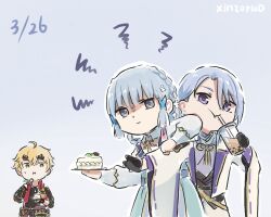 Rule 34 | 1girl, 2boys, ahoge, artist name, ayaka (genshin impact), blue background, blue hair, braid, bubble tea, cake, chibi, commentary, cup, dated, disposable cup, english commentary, food, genshin impact, holding, holding cup, holding food, japanese clothes, kamisato ayato, long hair, meme, multiple boys, shaded face, siblings, sweat, thoma (genshin impact), wide sleeves, xinzoruo