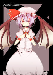 Rule 34 | 1girl, absurdres, bad id, bad pixiv id, bat wings, blood, blood in mouth, blood on face, blue hair, character name, dress, fang, female focus, hands on own chest, hat, highres, pasutel, pink dress, red eyes, remilia scarlet, smile, solo, touhou, wings