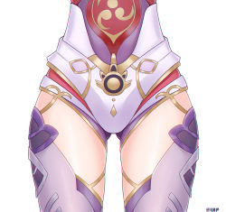 Rule 34 | 1girl, close-up, genshin impact, gluteal fold, head out of frame, highres, legs, leotard, lhp, lower body, raiden shogun, simple background, standing, thigh gap, thighhighs, thighs, white background