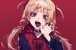 Rule 34 | 1girl, absurdres, blonde hair, choker, claw pose, drawstring, ear piercing, hair ornament, hair ribbon, hairclip, hand up, highres, hood, hoodie, light blush, long hair, long sleeves, looking at viewer, nikubou maranoshin, o-ring, o-ring choker, open mouth, original, piercing, red background, red eyes, red hoodie, red nails, red theme, ribbon, sidelocks, slit pupils, solo, tongue, tongue out, tongue piercing, upper body