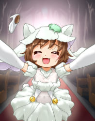 Rule 34 | 1girl, alternate costume, backlighting, bell, blush, bride, brown hair, carpet, chen, dress, elbow gloves, closed eyes, facing viewer, fang, fujimiya kikyou, gloves, hat, hat with ears, incoming hug, interior, jingle bell, mob cap, open mouth, outstretched arms, shoes, unworn shoes, short hair, short sleeves, solo, spread arms, touhou, touryuu fuuki, wedding dress