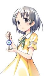 Rule 34 | 1girl, blush, dress, green neckerchief, grey eyes, grey hair, hair ornament, hairclip, holding, holding jewelry, holding necklace, idolmaster, idolmaster cinderella girls, jewelry, kawaseki, looking at viewer, neckerchief, necklace, rabbit hair ornament, sasaki chie, short hair, short sleeves, simple background, smile, solo, upper body, white background, yellow dress