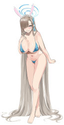 Rule 34 | 1girl, absurdly long hair, agape il, animal ears, asuna (blue archive), bare arms, bare legs, bare shoulders, barefoot, bikini, blue archive, blue bikini, blue eyes, breasts, cameltoe, cleavage, fake animal ears, hair over one eye, halo, highres, large breasts, light brown hair, long hair, looking at viewer, mole, mole on breast, navel, rabbit ears, simple background, smile, solo, swimsuit, very long hair, white background
