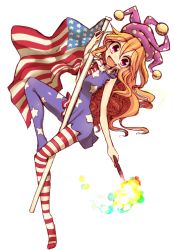 Rule 34 | 1girl, american flag, american flag dress, american flag legwear, blonde hair, clownpiece, fang, flag, full body, hat, jester cap, kuresento, looking at viewer, open mouth, pantyhose, print pantyhose, red eyes, revision, simple background, sleeveless, smile, solo, star (symbol), striped, touhou, white background