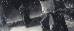Rule 34 | &quot;emperor&#039;s blade&quot; (arknights), 1boy, 1girl, 1other, ambiguous gender, animal ears, arknights, armor, black coat, black jacket, blurry, bokeh, cat ears, coat, commentary, depth of field, dutch angle, english commentary, facing away, facing viewer, fence, formal, from behind, highres, jacket, kal&#039;tsit (arknights), long hair, mask, night, outdoors, ponytail, rhine (overtonerhine), snow, snowing, suit
