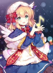 Rule 34 | 1girl, :d, beret, blonde hair, blue capelet, blue dress, blush, bow, capelet, coat, dress, fur-trimmed capelet, fur trim, green eyes, hair between eyes, hair wings, hands up, hat, hat bow, heermann (warship girls r), long sleeves, musical note, open mouth, purple wings, quaver, red bow, smile, solo, tengxiang lingnai, warship girls r, white coat, white hat, white wings, wings