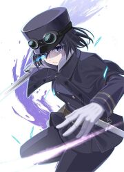 Rule 34 | 1girl, black hair, capelet, closed mouth, eye trail, fighting stance, gloves, goggles, goggles on headwear, guntou, hat, holding, holding sword, holding weapon, jacket, kurukuru (p!), light trail, long sleeves, looking at viewer, military, military jacket, military uniform, peaked cap, popped collar, shaded face, sheath, short hair, solo, sword, tenka hyakken, type 32 guntou-kou, uniform, weapon, white gloves