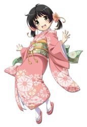 Rule 34 | 1girl, black hair, blush, brown eyes, child, floral print, full body, hair ornament, hair ribbon, hands up, head tilt, japanese clothes, kaai yuki, kimono, long sleeves, looking at viewer, obi, official art, open hands, open mouth, outstretched arms, outstretched hand, pink kimono, pink ribbon, promotional art, rabbit, ribbon, round teeth, sandals, sash, short hair, short twintails, simple background, smile, solo, tabi, tassel, teeth, twintails, umetani tarou, vocaloid, white background, white legwear, wide sleeves, yellow ribbon, yukata, zouri