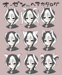 Rule 34 | 1girl, absurdres, alternate hairstyle, animal ears, black eyes, black hair, commentary, drill hair, expressionless, highres, kamu (geeenius), made in abyss, multicolored hair, ozen, simple background, translated, twintails, two-tone hair, white hair