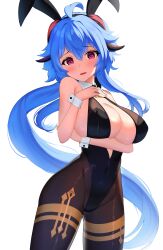 Rule 34 | 1girl, absurdres, ahoge, alternate breast size, animal ears, arm under breasts, bare shoulders, black leotard, blue hair, bluerabbit gap, blush, breasts, brown pantyhose, cleavage, cowboy shot, fake animal ears, ganyu (genshin impact), genshin impact, groin, halterneck, hand on own chest, highres, horns, large breasts, leotard, long hair, looking at viewer, low ponytail, open mouth, paid reward available, pantyhose, playboy bunny, purple eyes, rabbit ears, sidelocks, solo, standing, thighlet, thighs, wrist cuffs