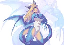 Rule 34 | 1girl, abs, animal ears, blonde hair, blue eyes, cameltoe, commentary, dragon ears, dragon girl, dragon horns, dragon tail, dragon wings, english commentary, extremely-nervess, highres, horns, ice dragon, long hair, monster girl, one-piece swimsuit, one-piece tan, one eye closed, original, scales, smile, solo, swimsuit, tail, tan, tanline, wings