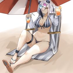 Rule 34 | 1girl, alternate costume, animal ears, anklet, arknights, asymmetrical eyewear, bare legs, beach, beach towel, beach umbrella, bikini, black bikini, black hair, blue nails, blush, breasts, cleavage, closed mouth, commentary, cup, drink, drinking straw, eyes visible through hair, eyewear on head, fang, feater (arknights), food, fruit, full body, groin, hair between eyes, hair over one eye, half updo, highres, holding, holding cup, holding drink, infection monitor (arknights), jacket, jewelry, knee up, large breasts, looking at viewer, material growth, medium hair, multicolored hair, nail polish, navel, open clothes, open jacket, orange (fruit), orange eyes, orange slice, oripathy lesion (arknights), panda ears, round eyewear, sandals, side-tie bikini bottom, silver hair, simple background, sitting, skin fang, smile, solo, stomach, streaked hair, striped bikini, striped clothes, swimsuit, thigh strap, thighs, tinted eyewear, toenail polish, toenails, toes, towel, twintails, two-tone hair, umbrella, unknownnoname0, vertical-striped bikini, vertical-striped clothes, white background, white jacket