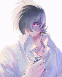 Rule 34 | 1boy, black hair, black jack (character), black jack (series), blurry, blurry background, collarbone, collared shirt, hair over one eye, holding, holding jewelry, holding necklace, husagin, jewelry, looking away, male focus, multicolored hair, necklace, open collar, patchwork skin, red eyes, scar, scar on face, shirt, short hair, sideways glance, simple background, solo, split-color hair, two-tone hair, white background, white hair, white shirt
