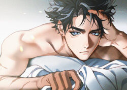 Rule 34 | 1boy, bare arms, bed sheet, black hair, blue eyes, close-up, colored skin, ear piercing, earrings, facial scar, genshin impact, grey hair, hand in own hair, jewelry, looking at viewer, lowres, lying, male focus, messy hair, multicolored hair, on bed, on stomach, onegingek, piercing, scar, scar on arm, scar on cheek, scar on chest, scar on face, sheet grab, solo, stud earrings, toned, topless, topless male, white skin, wriothesley (genshin impact)