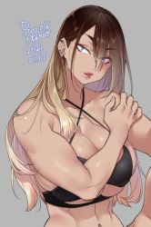 Rule 34 | 1girl, 2021, agawa ryou, aqua eyes, bare shoulders, blue eyes, breasts, brown hair, cleavage, commentary, dated, earrings, grey background, jewelry, large breasts, long hair, midriff, mole, mole under eye, muscular, muscular female, navel, original, parted lips, simple background, solo, watermark