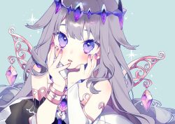 Rule 34 | 1girl, absurdres, chest jewel, chiyomaru (yumichiyo0606), crystal, gem, gem hair ornament, grey hair, hands on own cheeks, hands on own face, highres, hololive, hololive english, jewel under eye, koseki bijou, koseki bijou (1st costume), long hair, looking at viewer, metal wings, open mouth, purple eyes, single arm guard, solo, virtual youtuber