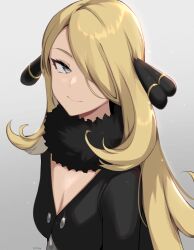 Rule 34 | 1girl, black coat, black collar, blonde hair, breasts, cleavage, closed mouth, coat, collar, creatures (company), cynthia (pokemon), eyelashes, fur collar, game freak, grey background, grey eyes, hair ornament, hair over one eye, highres, large breasts, long hair, looking to the side, medium breasts, milka (milk4ppl), nintendo, pokemon, pokemon dppt, solo, upper body