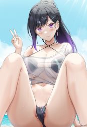 Rule 34 | 1girl, artist name, bikini, black bikini, black hair, blush, breasts, cameltoe, cleavage, cleft of venus, closed mouth, earrings, hair ornament, hairclip, hand up, highres, jewelry, keenh, knees up, large breasts, long hair, looking at viewer, off shoulder, original, outdoors, ponytail, purple eyes, see-through, see-through shirt, shirt, single bare shoulder, sitting, smile, solo, swimsuit, thighs, v, white shirt