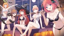 5girls :q animal_costume animal_ears arm_support bandages bikini black_bikini black_hat black_nails blue_eyes blush breasts brown_hair butterfly_hair_ornament chest_sarashi claw_pose cleavage closed_mouth collarbone commentary couch crossed_legs decorations demon_tail dress fang full_moon fur_bikini go-toubun_no_hanayome green_ribbon hair_between_eyes hair_ornament hair_ribbon hat highres holding holding_syringe long_hair looking_at_viewer low_wings medium_breasts medium_hair mini_wings moon multiple_girls mummy_costume nakano_ichika nakano_itsuki nakano_miku nakano_nino nakano_yotsuba naked_bandage navel night no_bra nurse nurse_cap off-shoulder_bikini off_shoulder on_couch open_mouth orange_hair outstretched_arms pink_hair plunging_neckline profnote pumpkin quintuplets red_eyes ribbon sarashi short_hair short_sleeves siblings side-tie_bikini_bottom sisters sitting smile spread_arms star_(symbol) star_hair_ornament stomach swimsuit syringe tail tongue tongue_out two_side_up underboob white_dress white_footwear window wings witch_hat wolf_costume wolf_ears wolf_tail