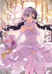 Rule 34 | 10s, 1girl, bare shoulders, blush, bouquet, bridal veil, bride, commentary request, dress, elbow gloves, flower, frills, gloves, green eyes, highres, jewelry, long hair, looking at viewer, love live!, love live! school idol festival, love live! school idol project, low twintails, necklace, open mouth, purple hair, smile, solo, strapless, strapless dress, thighhighs, tiara, tojo nozomi, twintails, ume (plumblossom), veil, wedding dress, white dress, white gloves, white thighhighs