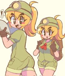 ! +_+ 1girl backpack bag black_eyes blonde_hair blush_stickers book breasts brown_gloves fang gloves goombella green_shirt green_shorts headlamp helmet highres holding holding_book looking_at_viewer mario_(series) medium_breasts medium_hair nintendo open_mouth paper_mario paper_mario:_the_thousand_year_door personification ponytail shirt shorts smile sofo_soup solo speech_bubble spoken_exclamation_mark