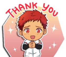 Rule 34 | 1boy, bacchikoi!, baseball uniform, facing viewer, furrowed brow, gradient background, kanada toshu, light blush, long sleeves, lowres, male focus, mikkoukun, open mouth, outline, pink background, red eyes, red hair, short hair, smile, solo, sparkle, sportswear, sticker (medium), tan, thank you, white outline