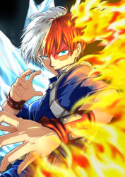 Rule 34 | 1boy, absurdres, blue eyes, boku no hero academia, burn scar, fighting stance, fire, gpsmikasa game, highres, ice, looking at viewer, male focus, multicolored hair, open mouth, red hair, scar, short hair, todoroki shouto, two-tone hair, uniform, upper body, white hair, wristband