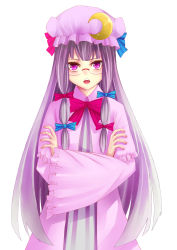 Rule 34 | 1girl, absurdres, crescent, crossed arms, glasses, hair ribbon, hat, highres, long hair, mikoma sanagi, patchouli knowledge, purple eyes, purple hair, ribbon, solo, touhou