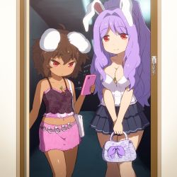 Rule 34 | 2girls, ahoge, alternate costume, alternate hairstyle, animal ears, bag, bare arms, bare shoulders, black skirt, bow, breasts, brown hair, camisole, carrot, casual, cellphone, cleavage, collarbone, commentary request, contemporary, crop top, door, feet out of frame, hair between eyes, hair intakes, holding, holding bag, holding phone, inaba tewi, large breasts, long hair, looking at viewer, messy hair, midriff, miniskirt, multiple girls, nail polish, navel, night, open door, phone, pink nails, pink skirt, pleated skirt, purple bow, purple hair, rabbit ears, red eyes, reisen udongein inaba, shirosato, short hair, skirt, small breasts, smartphone, smile, spaghetti strap, standing, stomach, tan, thighs, touhou, very long hair