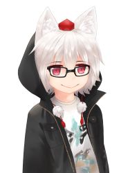 Rule 34 | 1girl, absurdres, animal ears, bespectacled, casual, cowfee, glasses, hat, highres, inubashiri momiji, jacket, light smile, looking at viewer, meme, red eyes, shirt, short hair, silver hair, solo, tokin hat, touhou, wolf ears
