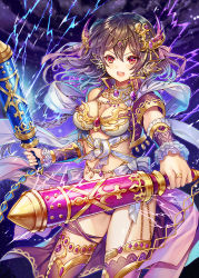 Rule 34 | 1girl, baal (mythology), bare shoulders, braid, breasts, brown hair, canaanite mythology, cleavage, cloud, club (weapon), company name, dual wielding, earrings, hair ornament, holding, holding weapon, jewelry, lightning, long hair, looking at viewer, madogawa, moeru! jiten, moeru! shinsei buki jiten, navel, necklace, official art, open mouth, original, red eyes, ring, sash, sidelocks, solo, star (sky), thighhighs, weapon