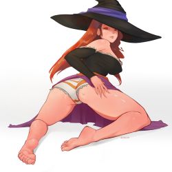 Rule 34 | 1girl, ass, bare legs, bare shoulders, barefoot, breasts, covered erect nipples, dragon&#039;s crown, full body, hat, highres, kneeling, large breasts, lips, lit silium, long hair, orange hair, panties, simple background, solo, sorceress (dragon&#039;s crown), underwear, white background, witch, witch hat
