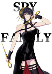 Rule 34 | 1girl, black872233196, black dress, black hair, breasts, cleavage, copyright name, dagger, dress, earrings, floral print, gold earrings, gold hairband, hairband, highres, holding, holding dagger, holding knife, holding weapon, jewelry, knife, large breasts, looking at viewer, red eyes, solo, spy x family, stiletto (weapon), two-sided dress, two-sided fabric, weapon, yor briar