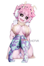 Rule 34 | 1girl, ashido mina, ass, boku no hero academia, breasts, breasts apart, colored skin, large breasts, messy hair, no bra, panties, pink hair, pink skin, simple background, solo, striped clothes, striped panties, thighhighs, thighs, underwear, white background