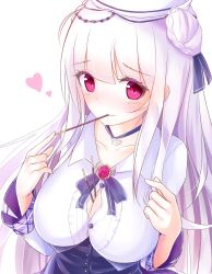 Rule 34 | 1girl, azur lane, between breasts, breasts, bursting breasts, cleavage, commentary request, cygnet (azur lane), cygnet (retrofit) (azur lane), double bun, food, hair bun, hat, heart, jewelry, long sleeves, necklace, pocky, pocky day, red eyes, remodel (azur lane), solo, white hair