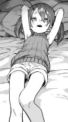 Rule 34 | 1girl, absurdres, armpits, arms behind head, bush, commentary request, greyscale, hair between eyes, hair ornament, hairclip, highres, looking at viewer, lying, monochrome, on back, open mouth, original, pillow, short hair, shorts, sleeveless, sleeveless sweater, solo, sweater, teeth, thighs, twintails, upper teeth only, yamamoto souichirou