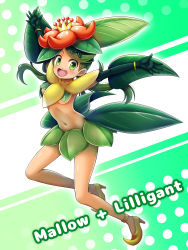 Rule 34 | 1girl, absurdres, anklet, arms up, bluebird (bluebird90), bracelet, breasts, character name, cosplay, creatures (company), crown, dark-skinned female, dark skin, elbow gloves, english text, female focus, flower, full body, game freak, gen 5 pokemon, gloves, green background, green eyes, green gloves, green hair, green skirt, hair ornament, hairband, happy, hat, high heels, highres, jewelry, leaf, leaf skirt, lilligant, lilligant (cosplay), long hair, looking at viewer, mallow (pokemon), medium breasts, mini crown, miniskirt, navel, nintendo, open mouth, outstretched arms, pointy footwear, pokemon, pokemon bw, pokemon sm, red flower, shiny skin, shoes, simple background, skirt, smile, solo, teeth, text focus, twintails, underboob, yellow footwear