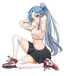 Rule 34 | 1girl, absurdres, black skirt, blue eyes, blue hair, blush, borrowed character, commentary, commission, english commentary, highres, kiritzugu, kneehighs, long hair, long sleeves, midriff, bae minah (chaesu), mouth hold, navel, nike (company), original, pleated skirt, shirt, shoes, simple background, skirt, sneakers, socks, solo, thighhighs, very long hair, white background, white shirt, white socks, white thighhighs