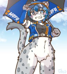 Rule 34 | 1girl, artist request, blue eyes, blue hair, bottomless, furry, furry female, grin, no pussy, short hair, smile, snow leopard, solo, umbrella