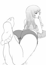 Rule 34 | 1girl, ass, barefoot, blunt bangs, dr.p, feet, food, foot focus, greyscale, legs, legs up, long hair, looking back, lying, monochrome, on stomach, pillow, popsicle, short shorts, shorts, soles, solo, tank top, toes