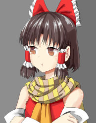 Rule 34 | 1girl, :t, absurdres, ascot, benikurage (cookie), blush, bow, brown eyes, brown hair, brown scarf, closed mouth, commentary request, cookie (touhou), detached sleeves, frilled bow, frilled hair tubes, frills, grey background, hair bow, hair tubes, hakurei reimu, highres, looking to the side, nekokatana catana, red bow, scarf, shirt, short hair, simple background, sleeveless, sleeveless shirt, solo, striped clothes, striped scarf, touhou, upper body, yellow ascot, yellow scarf