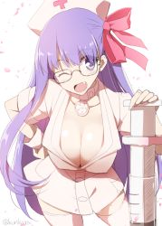 Rule 34 | 10s, 1girl, artist name, bb (bb shot!) (fate), bb (fate), bb (fate/extra), blush, breasts, choker, cleavage, fang, fate/extra, fate/extra ccc, fate (series), glasses, gloves, hair ribbon, hat, kurikara, large breasts, large syringe, long hair, looking at viewer, nurse, nurse cap, one eye closed, open mouth, oversized object, purple eyes, purple hair, ribbon, smile, solo, syringe, thighhighs, twitter username, very long hair, white gloves, white thighhighs, zettai ryouiki