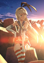 Rule 34 | 10s, 1girl, bad id, bad pixiv id, black panties, blonde hair, blue skirt, brown eyes, crop top, domo1220, elbow gloves, gloves, hairband, hand on own knee, highleg, highleg panties, highres, kantai collection, lens flare, long hair, looking away, looking to the side, microskirt, panties, sailor collar, shimakaze (kancolle), skirt, sky, solo, star (sky), starry sky, striped clothes, striped thighhighs, swept bangs, thighhighs, thong, underwear, white gloves, wind
