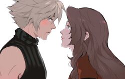Rule 34 | 1boy, 1girl, aerith gainsborough, bare shoulders, blonde hair, blue eyes, blush, brown hair, cloud strife, final fantasy, final fantasy vii, final fantasy vii remake, green eyes, hair between eyes, hair down, highres, jacket, long hair, looking at another, looking away, parted bangs, profile, red jacket, short hair, sidelocks, sleeveless, sleeveless turtleneck, smile, softp3ach, spiked hair, turtleneck, wavy hair, white background