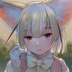 Rule 34 | 1girl, animal ear fluff, animal ears, blonde hair, bow, bowtie, brown eyes, close-up, commentary, extra ears, eye focus, fennec (kemono friends), fox ears, fur trim, gloves, hair between eyes, kemono friends, looking at viewer, pink vest, portrait, short hair, smile, solo, vest, welt (kinsei koutenkyoku), white gloves, yellow bow, yellow bowtie